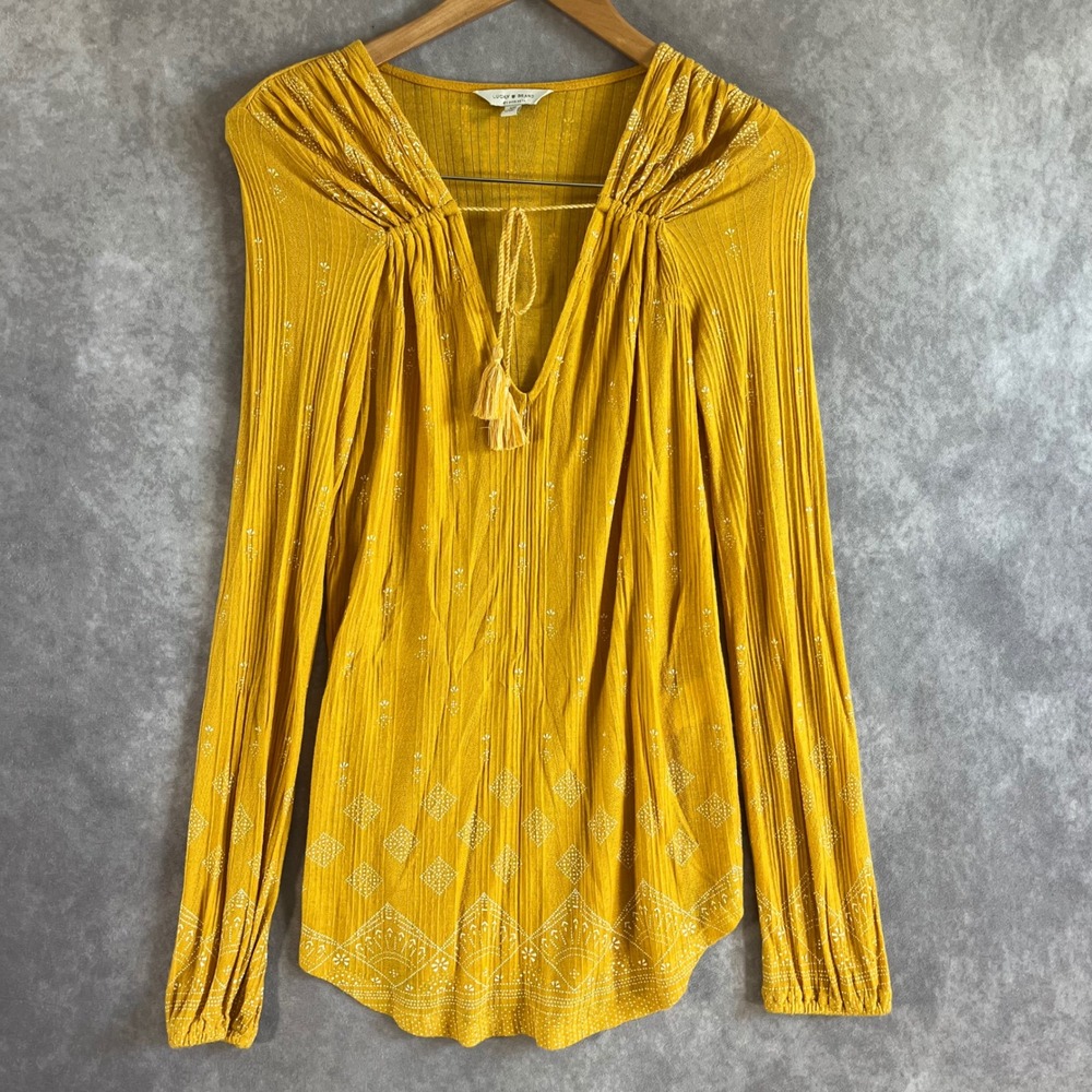 Lucky Brand Peasant Top Women Small Yellow Boho Ribbed Tassel V-Neck Long Sleeve